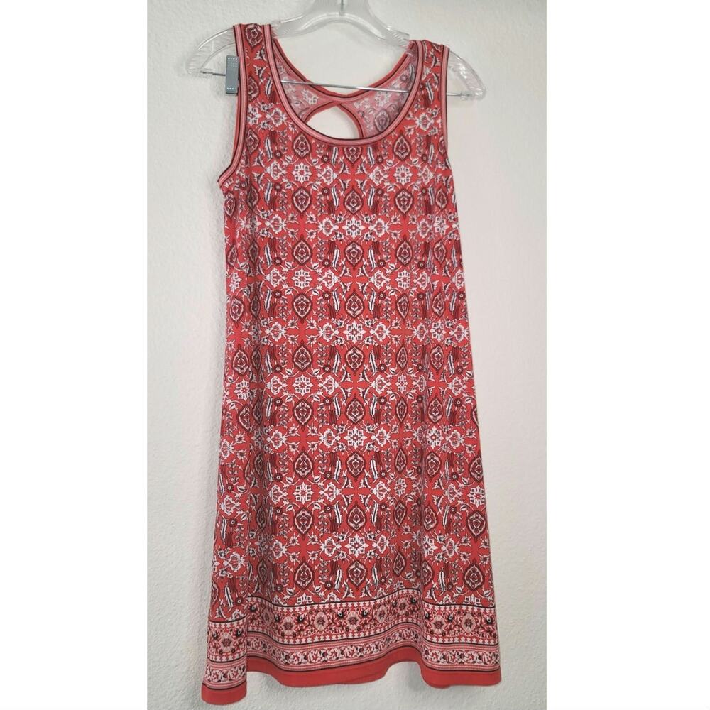 Max Studio Burnt Orange Red Boho Printed Stretchy Tank Dress Keyhole Back Small
